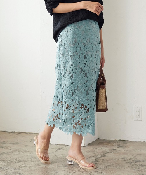 KOBE LETTUCE（コウベレタス）の「フラワーレースタイトスカート（スカート・レディース・ブラック/キャメル/ローズ/ベージュ/イエロー系その他/ブルー系その他/ワイン/ブルー系その他2/ダークグリーン/グリーン/ラベンダー・FREE/S/M）」の6枚目の写真