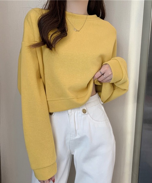 DAY CLOSET(デイ クローゼット)の「【程良く華奢魅せできるクロップド丈】やわらか長袖ラウンドネックスウェットプルオーバー レディース(スウェット・レディース・ブルー/イエロー/アイボリー/ブラック・ONE SIZE)」の4枚目の写真