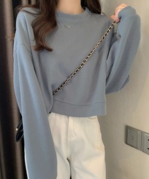 【程良く華奢魅せできるクロップド丈】やわらか長袖ラウンドネックスウェットプルオーバー レディース