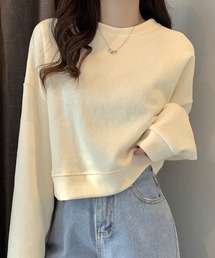 【程良く華奢魅せできるクロップド丈】やわらか長袖ラウンドネックスウェットプルオーバー レディース