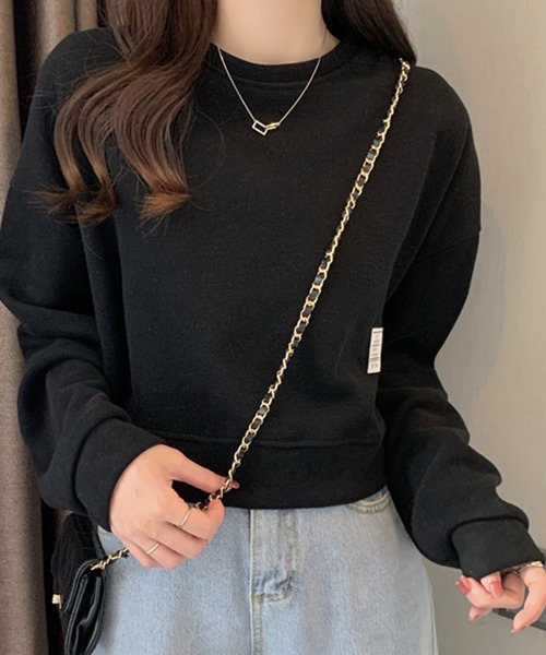 DAY CLOSET(デイ クローゼット)の「【程良く華奢魅せできるクロップド丈】やわらか長袖ラウンドネックスウェットプルオーバー レディース(スウェット・レディース・ブルー/イエロー/アイボリー/ブラック・ONE SIZE)」の1枚目の写真