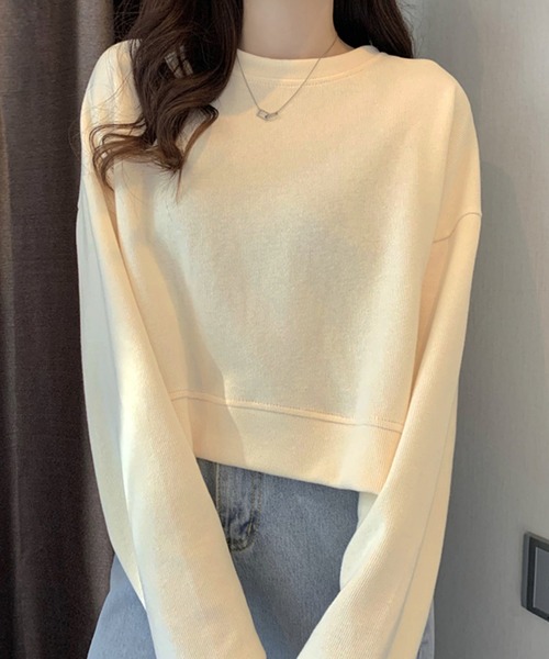 DAY CLOSET(デイ クローゼット)の「【程良く華奢魅せできるクロップド丈】やわらか長袖ラウンドネックスウェットプルオーバー レディース(スウェット・レディース・ブルー/イエロー/アイボリー/ブラック・ONE SIZE)」の5枚目の写真