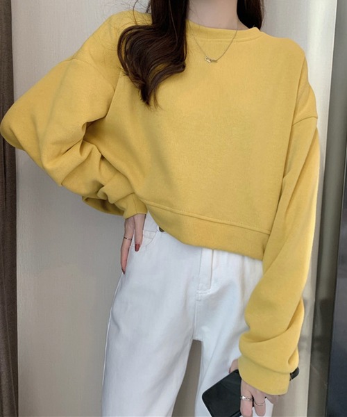 DAY CLOSET(デイ クローゼット)の「【程良く華奢魅せできるクロップド丈】やわらか長袖ラウンドネックスウェットプルオーバー レディース(スウェット・レディース・ブルー/イエロー/アイボリー/ブラック・ONE SIZE)」の9枚目の写真