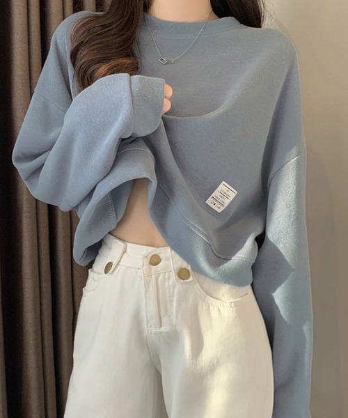 DAY CLOSET(デイ クローゼット)の「【程良く華奢魅せできるクロップド丈】やわらか長袖ラウンドネックスウェットプルオーバー レディース(スウェット・レディース・ブルー/イエロー/アイボリー/ブラック・ONE SIZE)」の12枚目の写真