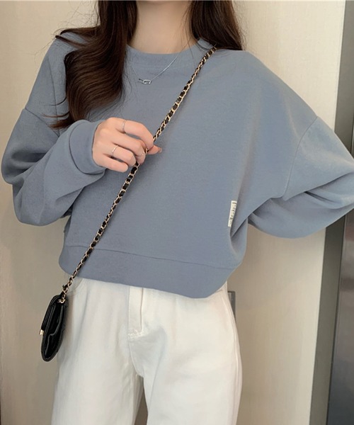 DAY CLOSET(デイ クローゼット)の「【程良く華奢魅せできるクロップド丈】やわらか長袖ラウンドネックスウェットプルオーバー レディース(スウェット・レディース・ブルー/イエロー/アイボリー/ブラック・ONE SIZE)」の11枚目の写真