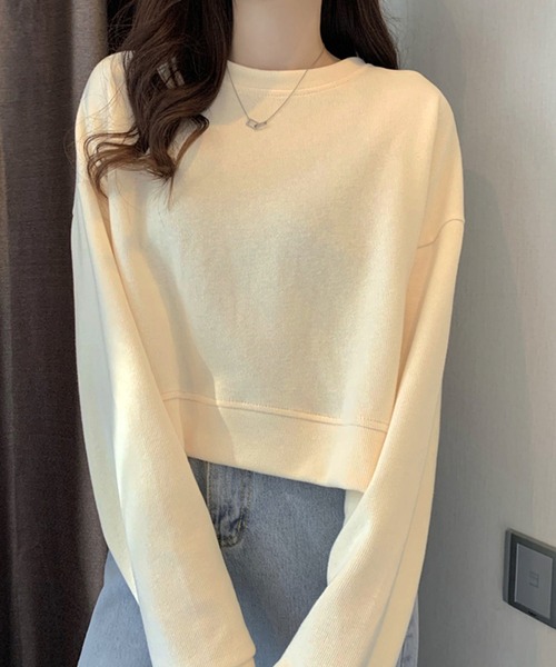 DAY CLOSET(デイ クローゼット)の「【程良く華奢魅せできるクロップド丈】やわらか長袖ラウンドネックスウェットプルオーバー レディース(スウェット・レディース・ブルー/イエロー/アイボリー/ブラック・ONE SIZE)」の5枚目の写真