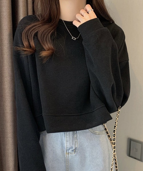 DAY CLOSET(デイ クローゼット)の「【程良く華奢魅せできるクロップド丈】やわらか長袖ラウンドネックスウェットプルオーバー レディース(スウェット・レディース・ブルー/イエロー/アイボリー/ブラック・ONE SIZE)」の9枚目の写真