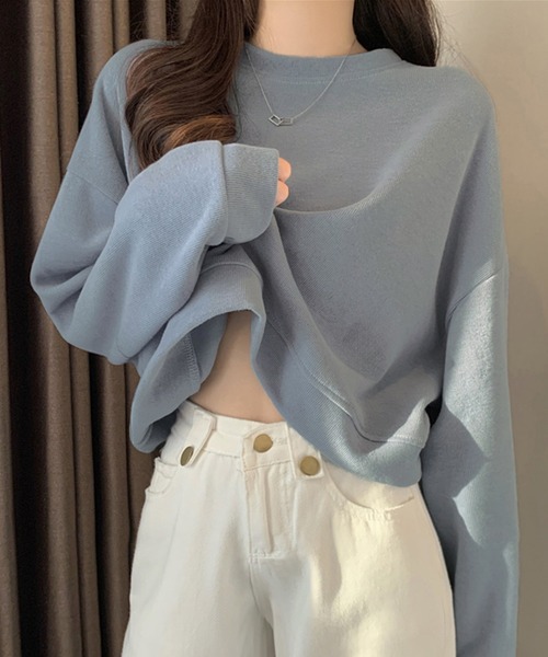 DAY CLOSET(デイ クローゼット)の「【程良く華奢魅せできるクロップド丈】やわらか長袖ラウンドネックスウェットプルオーバー レディース(スウェット・レディース・ブルー/イエロー/アイボリー/ブラック・ONE SIZE)」の10枚目の写真