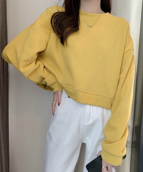 DAY CLOSET(デイ クローゼット)の「【程良く華奢魅せできるクロップド丈】やわらか長袖ラウンドネックスウェットプルオーバー レディース(スウェット・レディース・ブルー/イエロー/アイボリー/ブラック・ONE SIZE)」の12枚目の写真