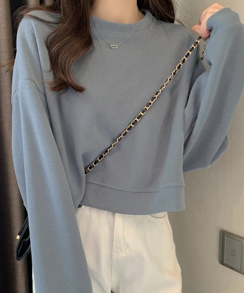DAY CLOSET(デイ クローゼット)の「【程良く華奢魅せできるクロップド丈】やわらか長袖ラウンドネックスウェットプルオーバー レディース(スウェット・レディース・ブルー/イエロー/アイボリー/ブラック・ONE SIZE)」の15枚目の写真
