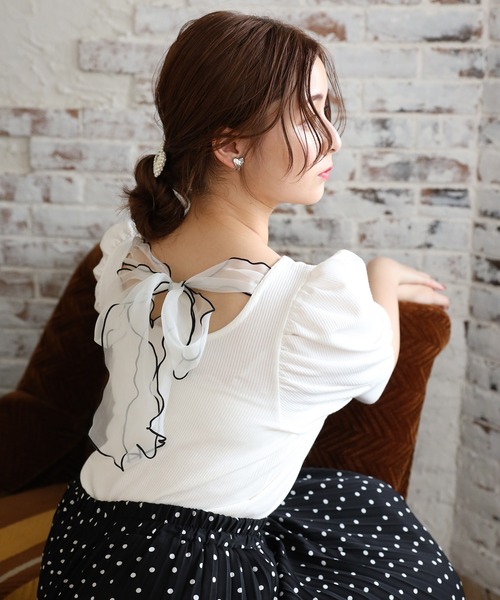 one after another NICE CLAUP（ワンアフターアナザーナイスクラップ）の「バックリボンメローテレコトップス（Tシャツ/カットソー・レディース・ブラック/ベージュ/オフホワイト/ミント・FREE）」の2枚目の写真