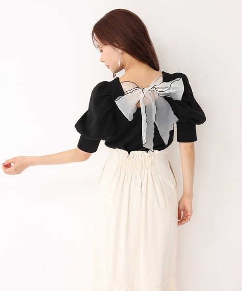 one after another NICE CLAUP（ワンアフターアナザーナイスクラップ）の「バックリボンメローテレコトップス（Tシャツ/カットソー・レディース・ブラック/ベージュ/オフホワイト/ミント・FREE）」の6枚目の写真