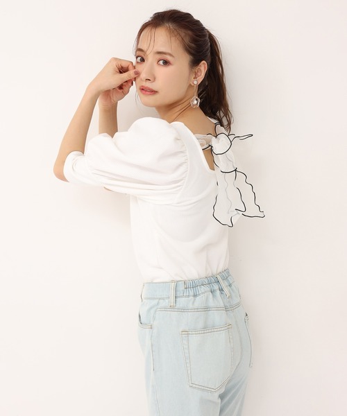 one after another NICE CLAUP（ワンアフターアナザーナイスクラップ）の「バックリボンメローテレコトップス（Tシャツ/カットソー・レディース・ブラック/ベージュ/オフホワイト/ミント・FREE）」の11枚目の写真