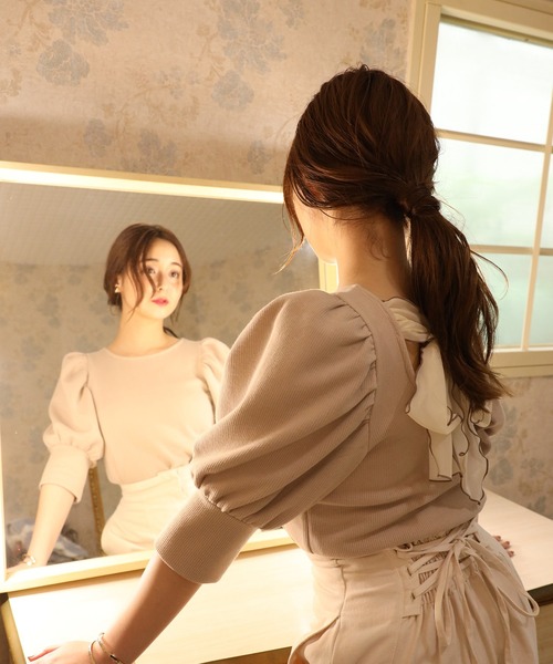 one after another NICE CLAUP（ワンアフターアナザーナイスクラップ）の「バックリボンメローテレコトップス（Tシャツ/カットソー・レディース・ブラック/ベージュ/オフホワイト/ミント・FREE）」の22枚目の写真