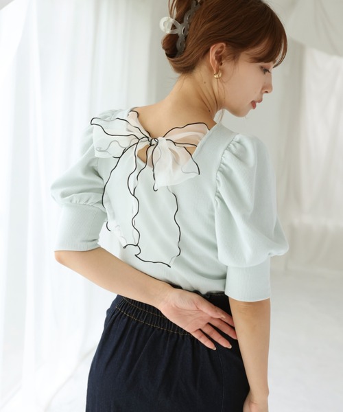 one after another NICE CLAUP（ワンアフターアナザーナイスクラップ）の「バックリボンメローテレコトップス（Tシャツ/カットソー・レディース・ブラック/ベージュ/オフホワイト/ミント・FREE）」の20枚目の写真