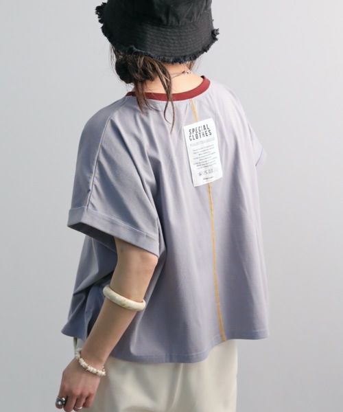 Bonjour Sagan(ボンジュールサガン)の「細ボーダーショートプルオーバー【ZOZO限定アイテム】(Tシャツ/カットソー・レディース・ベージュ/オフホワイト/サックスブルー/スミクロ・FREE)」の2枚目の写真