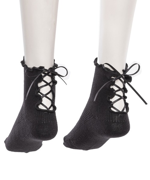 DearMyLove（ディアマイラブ）の「バックレースアップショートソックス（ソックス/靴下・レディース・ホワイト/ブラック・23-25cm）」の2枚目の写真