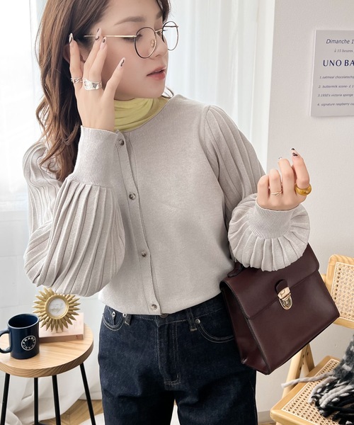 セール】レトロな袖ぽわん。2way袖プリーツニットカーディガン