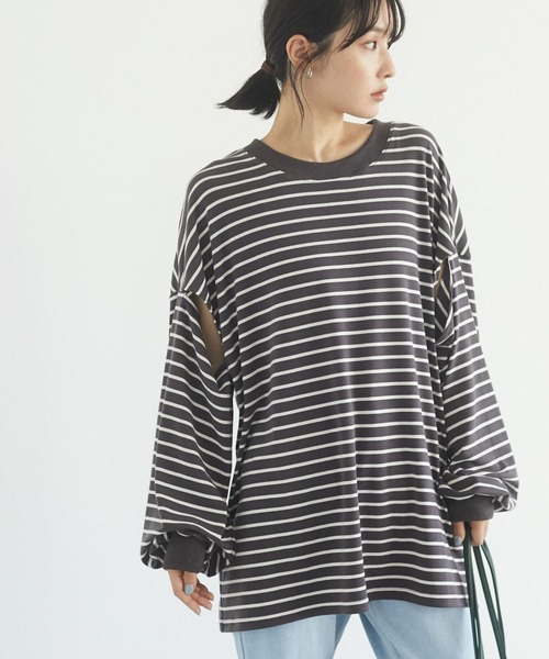 RAY CASSIN FAVORI（レイカズンフェバリ）の「・RAY CASSIN ボーダーカタアキチュニックロンT＊（Tシャツ/カットソー・レディース・チャコールグレー/ブラック/ネイビー/オフホワイト・FREE）」の4枚目の写真