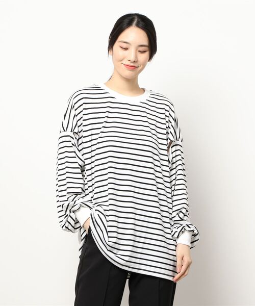 RAY CASSIN FAVORI（レイカズンフェバリ）の「・RAY CASSIN ボーダーカタアキチュニックロンT＊（Tシャツ/カットソー・レディース・チャコールグレー/ブラック/ネイビー/オフホワイト・FREE）」の6枚目の写真