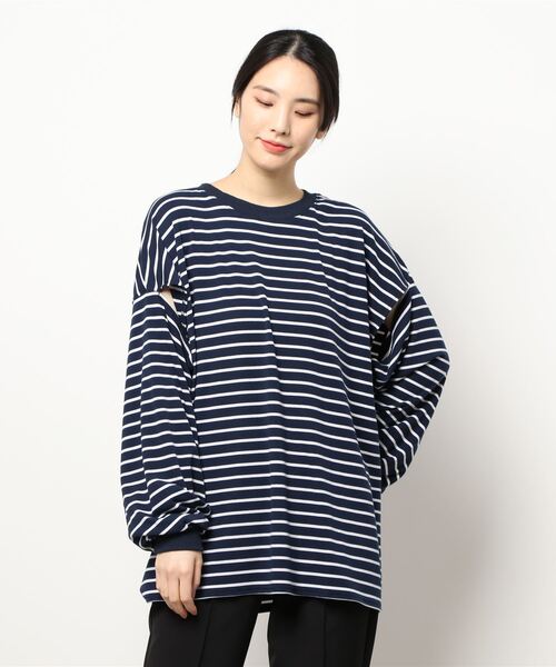 RAY CASSIN FAVORI（レイカズンフェバリ）の「・RAY CASSIN ボーダーカタアキチュニックロンT＊（Tシャツ/カットソー・レディース・チャコールグレー/ブラック/ネイビー/オフホワイト・FREE）」の9枚目の写真