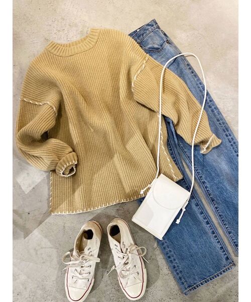 Ungrid（アングリッド）の「ハンドステッチルーズニット（ニット/セーター・レディース・ブラック/オフホワイト/モカ・FREE）」の5枚目の写真