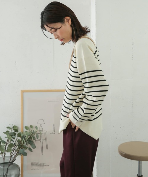 URBAN RESEARCH DOORS（アーバンリサーチドアーズ）の「パネルボーダーボートネックニット（ニット/セーター・レディース・ブラック/オフホワイト/グリーン・ONE）」の10枚目の写真