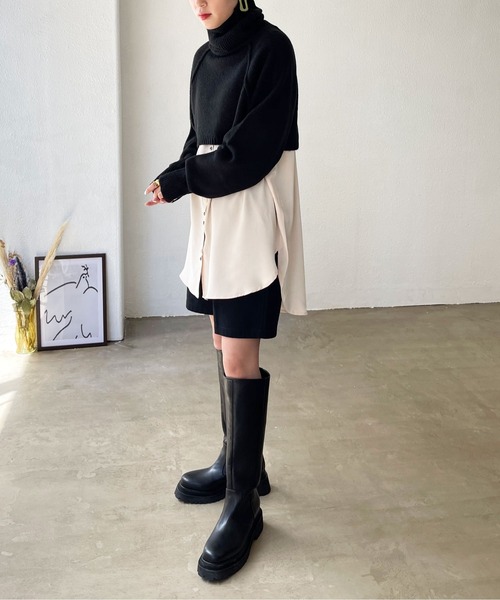 Shelly island（シェリーアイランド）の「タートルショートニット（ニット/セーター・レディース・ブラック/ベージュ・M）」の3枚目の写真