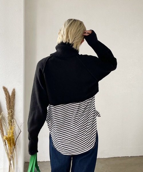 Shelly island（シェリーアイランド）の「タートルショートニット（ニット/セーター・レディース・ブラック/ベージュ・M）」の6枚目の写真