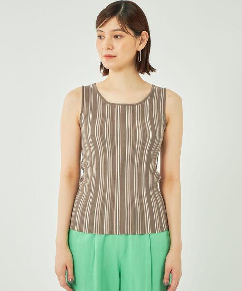 green label relaxing（グリーンレーベルリラクシング）の「マルチストライプ ノースリーブ プルオーバー ニット -ウォッシャブル-（ニット/セーター・レディース・モカ/オフホワイト/ブラウン・FREE）」の4枚目の写真