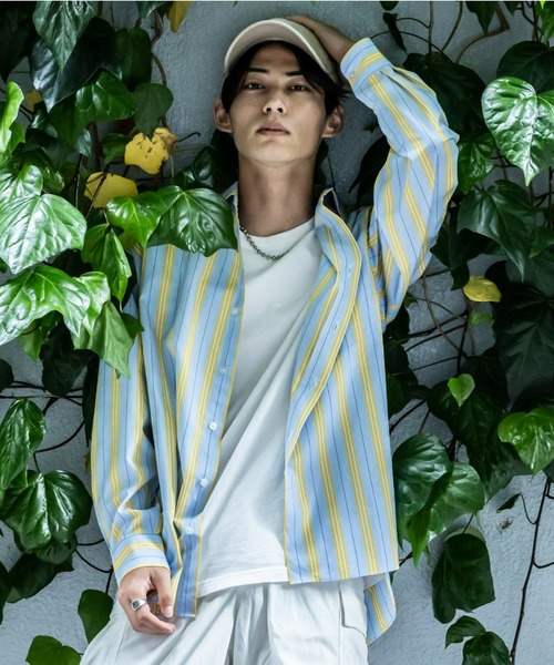 BRICK & SONS（ブリックアンドサンズ）の「リラックスバックプリーツシャツ＜サックス×イエローストライプ＞（シャツ/ブラウス・メンズ・サックスブルー・LL/S/M/L）」の3枚目の写真