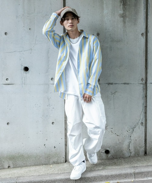 BRICK & SONS（ブリックアンドサンズ）の「リラックスバックプリーツシャツ＜サックス×イエローストライプ＞（シャツ/ブラウス・メンズ・サックスブルー・LL/S/M/L）」の5枚目の写真