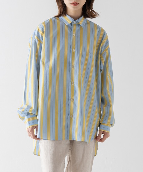 BRICK & SONS（ブリックアンドサンズ）の「リラックスバックプリーツシャツ＜サックス×イエローストライプ＞（シャツ/ブラウス・メンズ・サックスブルー・LL/S/M/L）」の22枚目の写真