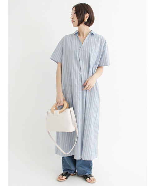 Lugnoncure(ルノンキュール)の「スキッパーシャツワンピース(シャツワンピース・レディース・ベージュ/オフホワイト/ブルー・フリ-)」の3枚目の写真