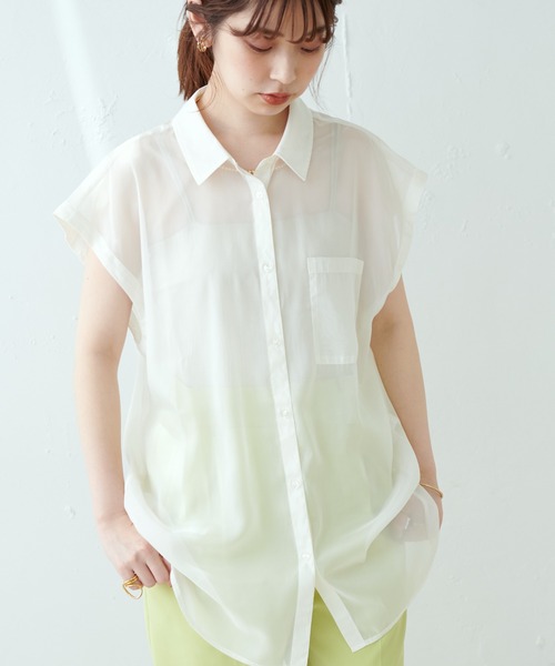 natural couture(ナチュラルクチュール)の「WEB限定カラーあり/今季押さえておきたい肩あき+シアーが旬な一枚 肩あきラメシアーシャツ(シャツ/ブラウス・レディース・グレー/オフホワイト/ピンク/オレンジ/ストライプ/チェック・FREE)」の7枚目の写真