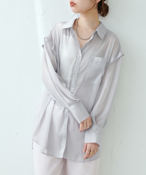 natural couture(ナチュラルクチュール)の「WEB限定カラーあり/今季押さえておきたい肩あき+シアーが旬な一枚 肩あきラメシアーシャツ(シャツ/ブラウス・レディース・グレー/オフホワイト/ピンク/オレンジ/ストライプ/チェック・FREE)」の16枚目の写真