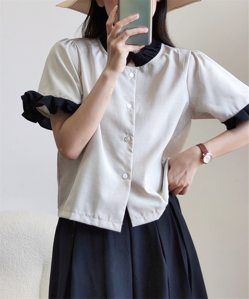 MAISON DE THERESE（メゾン ド テレーズ）の「バイカラーフリルシャツ（シャツ/ブラウス・レディース・ブラック/グレイッシュベージュ・M）」の2枚目の写真