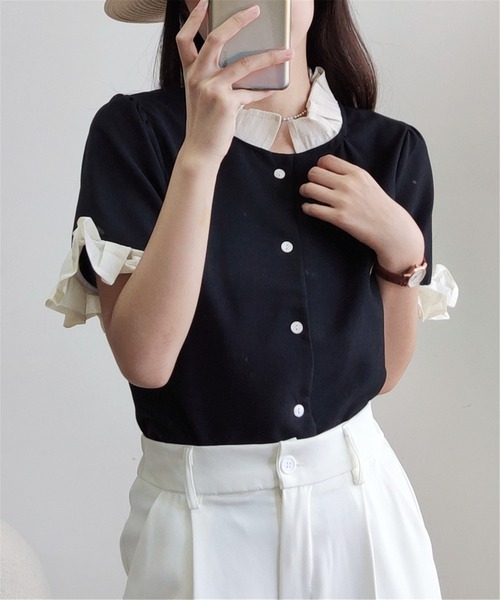 MAISON DE THERESE（メゾン ド テレーズ）の「バイカラーフリルシャツ（シャツ/ブラウス・レディース・ブラック/グレイッシュベージュ・M）」の16枚目の写真