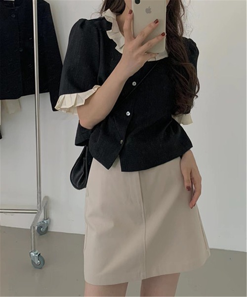MAISON DE THERESE（メゾン ド テレーズ）の「バイカラーフリルシャツ（シャツ/ブラウス・レディース・ブラック/グレイッシュベージュ・M）」の6枚目の写真