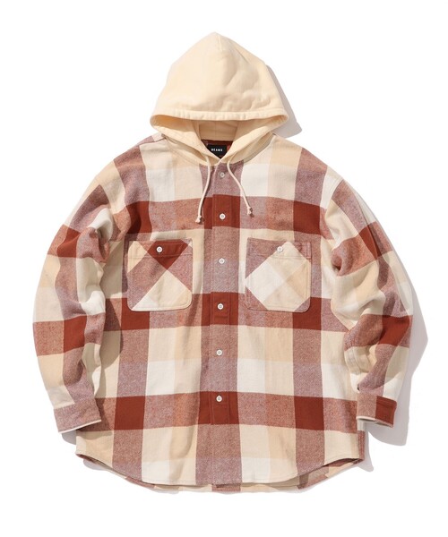 BEAMS（ビームス）の「BEAMS / ネルチェック イージーフィット フーディ シャツ（シャツ/ブラウス・メンズ・ブラウン/グレー・S/M/L/XL）」の13枚目の写真