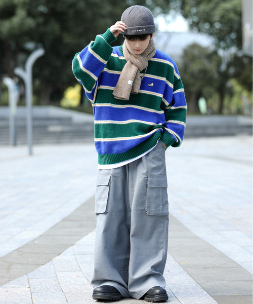 CONVERSE（コンバース）の「【neos -addictive design-】CONVERSE コンバース ビッグシルエット リンガー ボーダー ロゴ 刺繍 シャギー プルオーバー ニット セーター（ニット/セーター・メンズ・ブラック/パープル系/ワインレッド/グリーン/ホワイト/ブルー系・MEDIUM/LARGE/X-LARGE）」の7枚目の写真