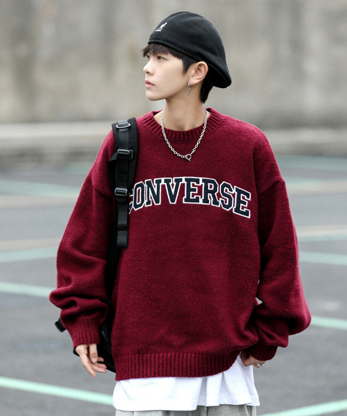 CONVERSE（コンバース）の「【neos -addictive design-】CONVERSE コンバース ビッグシルエット リンガー ボーダー ロゴ 刺繍 シャギー プルオーバー ニット セーター（ニット/セーター・メンズ・ブラック/パープル系/ワインレッド/グリーン/ホワイト/ブルー系・MEDIUM/LARGE/X-LARGE）」の16枚目の写真