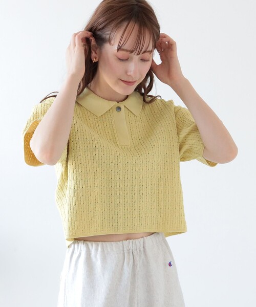 Ray BEAMS（レイビームス）の「Ray BEAMS / ガラアミ クロップド ポロ ニット（ポロシャツ・レディース・ブルー/イエロー・ONE SIZE）」の12枚目の写真