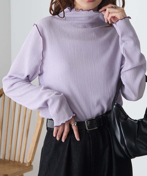 BONLECILL(ボンルシール)の「ハイネック 配色メロー シャーリングプルオーバー/インナー(Tシャツ/カットソー・レディース・ライトブルー/ブラック/オレンジ/ライトグリーン/アイボリー/ネイビー/ピンク/モカ/ブルー/イエロー/ブラウン/パープル・FREE)」の9枚目の写真