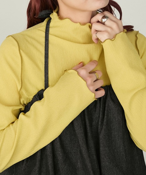 BONLECILL（ボンルシール）の「ハイネック 配色メロー シャーリングプルオーバー/インナー（Tシャツ/カットソー・レディース・ライトブルー/ブラック/オレンジ/ライトグリーン/アイボリー/ネイビー/ピンク/モカ/ブルー/イエロー・FREE）」の8枚目の写真