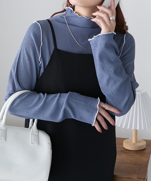 BONLECILL（ボンルシール）の「ハイネック 配色メロー シャーリングプルオーバー/インナー（Tシャツ/カットソー・レディース・ライトブルー/ブラック/オレンジ/ライトグリーン/アイボリー/ネイビー/ピンク/モカ/ブルー/イエロー・FREE）」の7枚目の写真