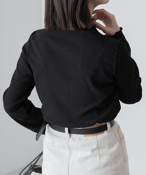 BONLECILL（ボンルシール）の「ハイネック 配色メロー シャーリングプルオーバー/インナー（Tシャツ/カットソー・レディース・ライトブルー/ブラック/オレンジ/ライトグリーン/アイボリー/ネイビー/ピンク/モカ/ブルー/イエロー・FREE）」の19枚目の写真