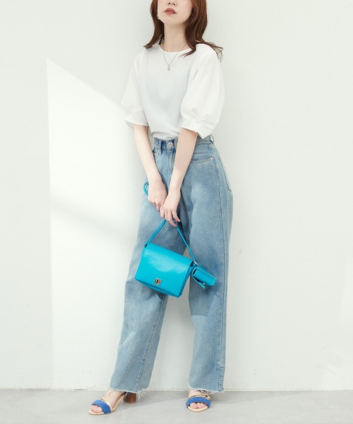 ナチュラルクチュール　パール付きタックスリーブブラウス　ネイビー パール付きタックスリーブブラウス（シャツ/ブラウス）｜natural