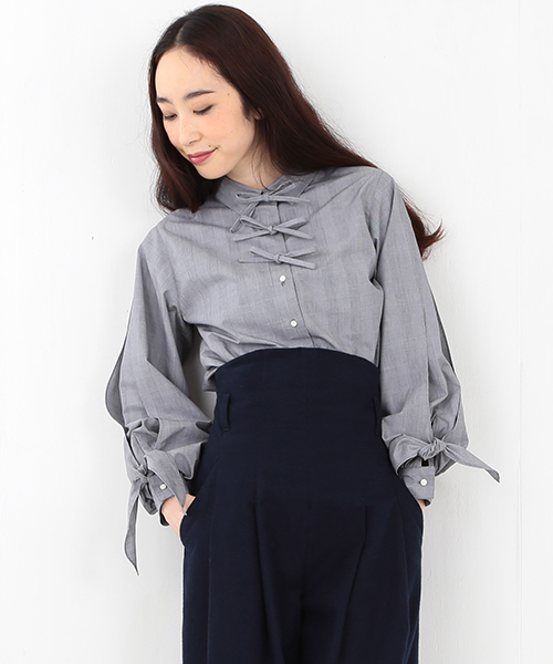 Ray BEAMS(レイビームス)の「RBS / グレンチェック リボンカフス ブラウス(シャツ/ブラウス・レディース・グレー・0/1)」の6枚目の写真