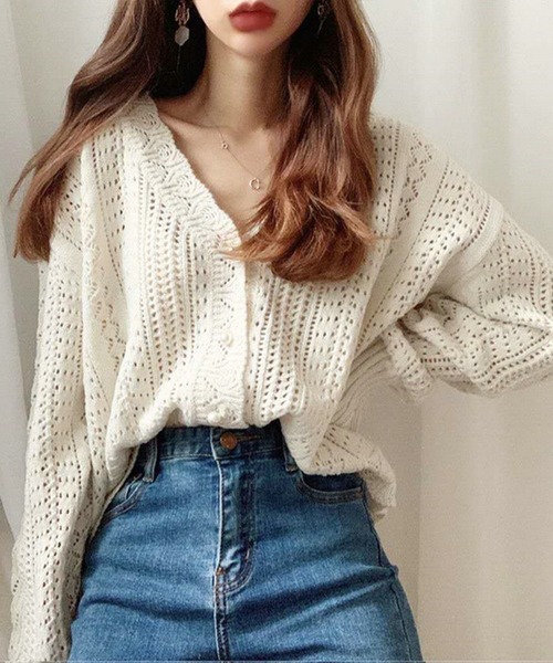 Silly（シリー）の「【韓国コーデに◎】クロシェ編みニットカーディガン（カーディガン/ボレロ・レディース・ライトグリーン/ホワイト・FREE）」の3枚目の写真